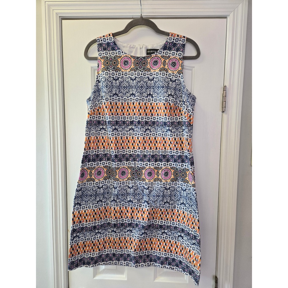 Harper 241 Womens Blue Orange Geometric Medallion Shift Dress WD032‎ Size 10
